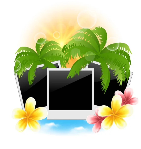 Ställ in fotoram med palmer, blommor frangipani, marinmålning backgro — Stockfoto