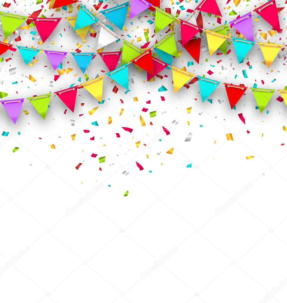 Colorful Background with Hanging Bunting and Confetti for Your Party