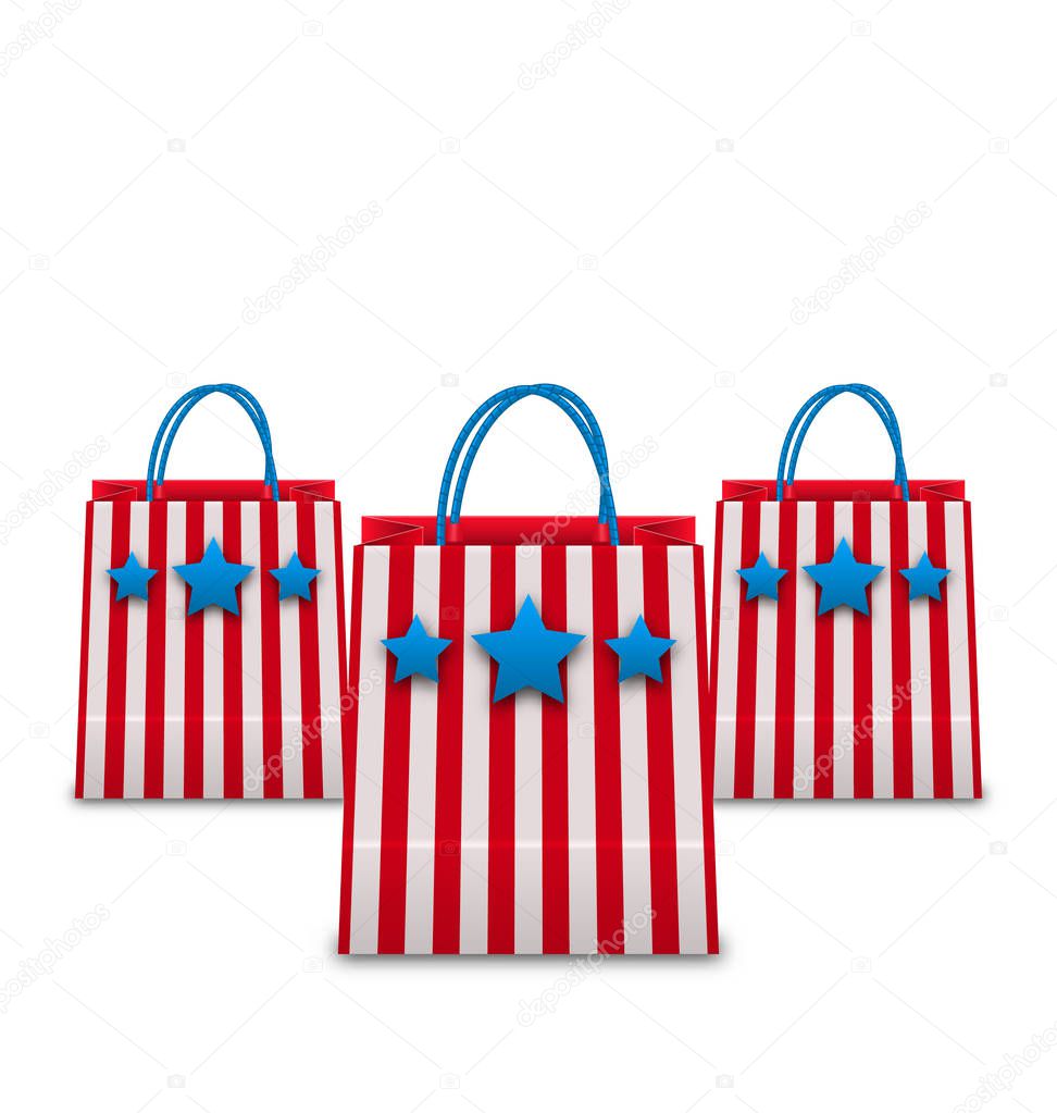 Shopping Bags in American Patriotic Colors. Packets Isolated on White Background