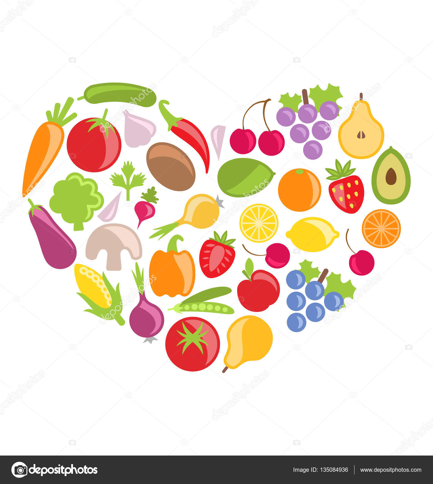 Illustrazione impostata colorato frutta e verdura a forma di cuore raster — Foto di smeagorl