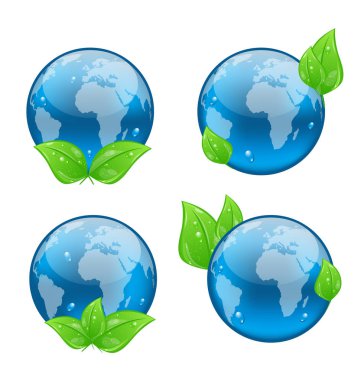 izole beyaz zemin üzerine yeşil yaprakları ile earth simgesini ayarla