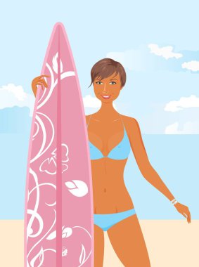 Kız onun elinde izole surfboard ile