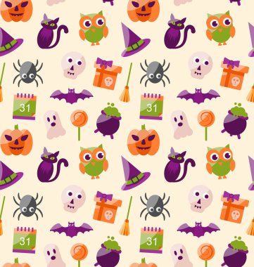 Cadılar Bayramı renkli düz simgeleri ile Seamless Modeli