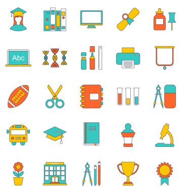 Okul ekipman ve araçlar düz çizgi Icons set