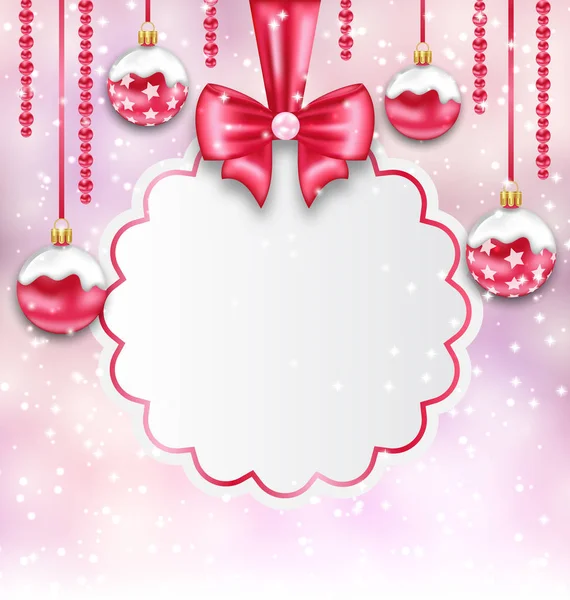 Bolas de vidro de prata de Natal com cartão limpo com fita de arco — Fotografia de Stock