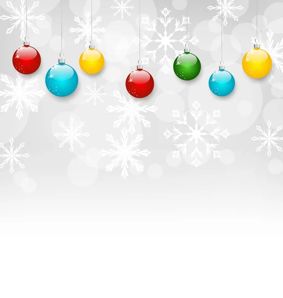 Flocos de neve de Natal fundo com conjunto de bolas coloridas — Fotografia de Stock