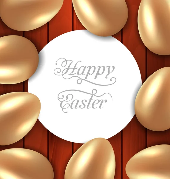 Tarjeta de felicitación con huevos dorados brillantes de Pascua en bac de madera — Foto de Stock