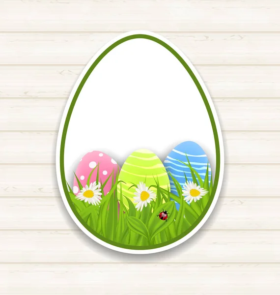 Kağıt etiket yumurta yeşil çim ve çiçek — Stok fotoğraf