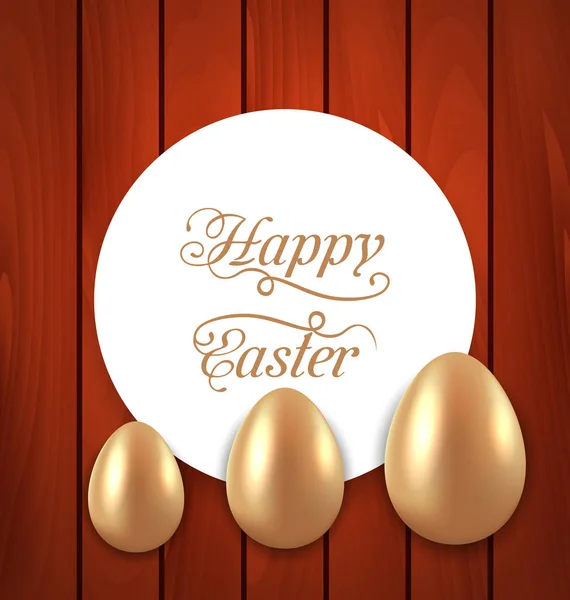 Tarjeta de celebración con huevos de oro de Pascua sobre fondo rojo de madera — Foto de Stock