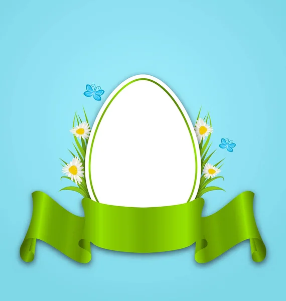 Easter paper egg with flowers daisy, grass, butterfly and ribbon — Stock Photo, Image