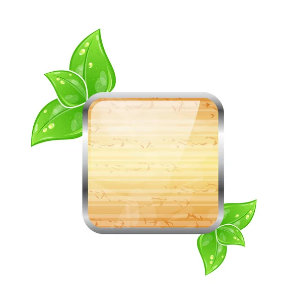 Wooden square board with eco green leaves — Stock Photo, Image