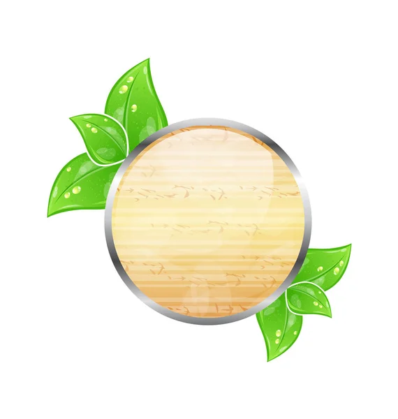 Wooden circle board with eco green leaves — Stock Photo, Image