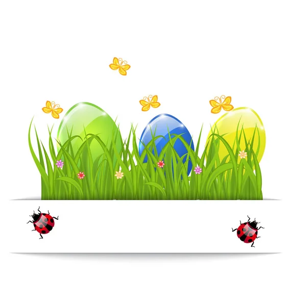 Pääsiäinen värikkäitä munia vihreää ruohoa tilaa tekstin — kuvapankkivalokuva