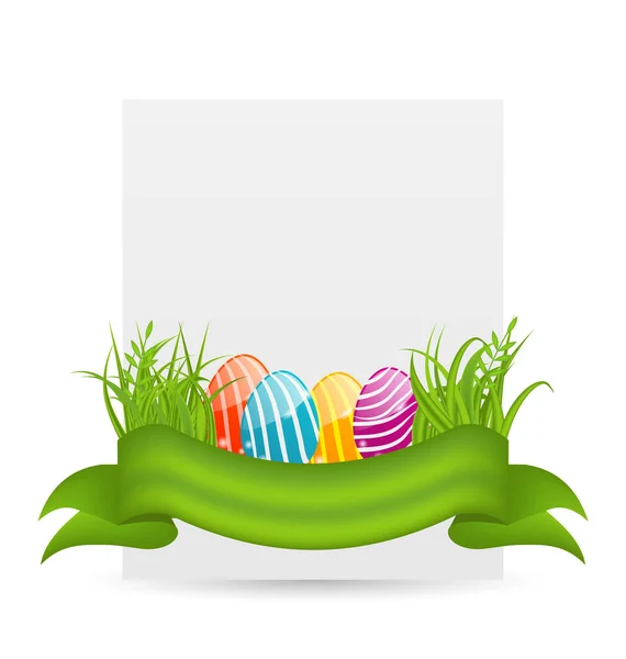 Easter colorful eggs in green grass with empty paper card for yo — Stock Photo, Image