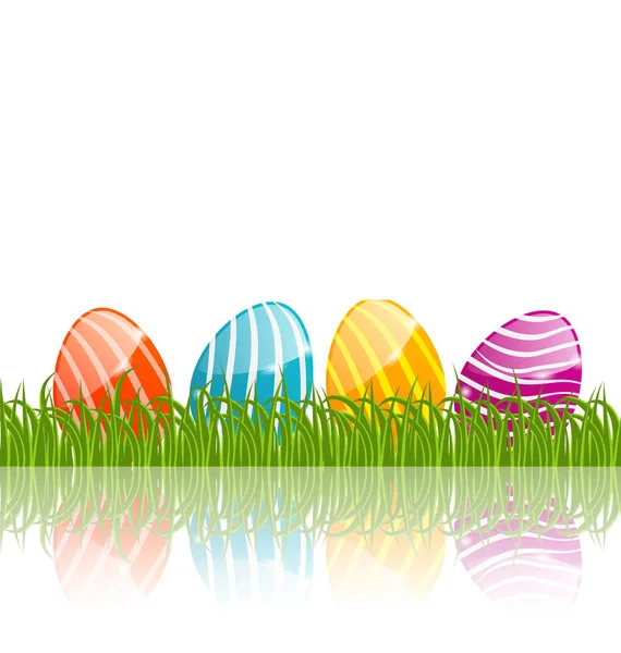 Easter traditional painted eggs in green grass with empty space — Stock Photo, Image