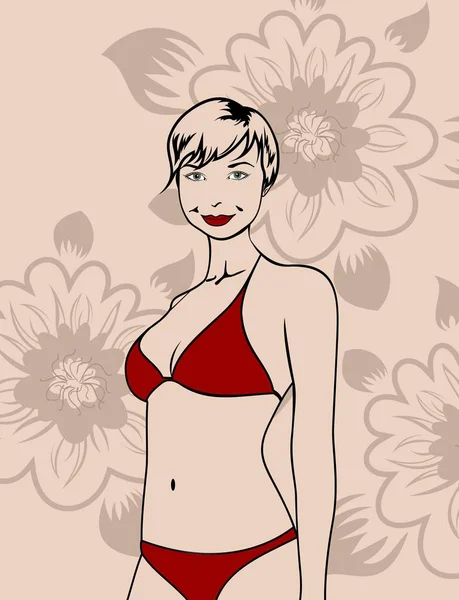 Flicka i röd bikini på en blommig bakgrund — Stockfoto