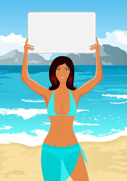 Дівчина в бікіні з банером на пляжі — стокове фото
