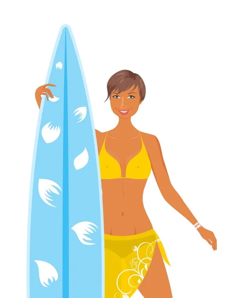 分離する彼女の手でサーフボードと黄色の水着姿でクールな女の子 — ストック写真