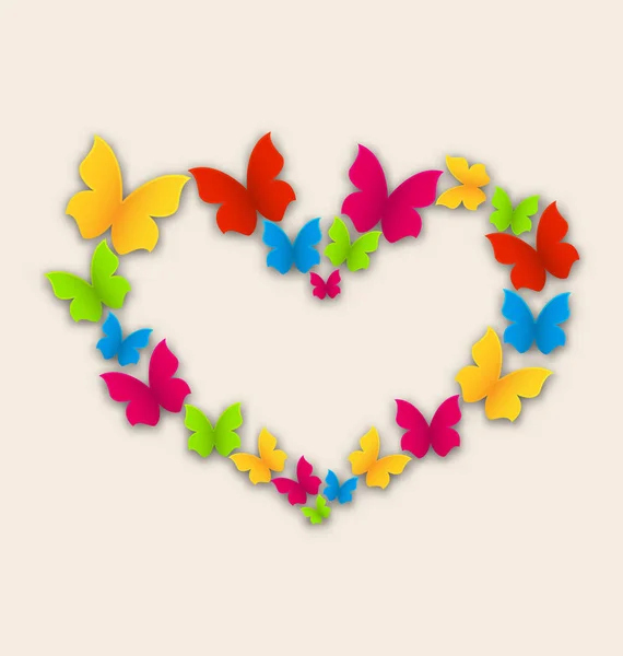 Tarjeta postal de celebración con corazón hecha en mariposas de colores para —  Fotos de Stock