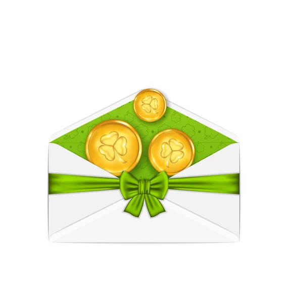 Open white envelope with golden coins and bow ribbon for St. Pat — Stock Photo, Image