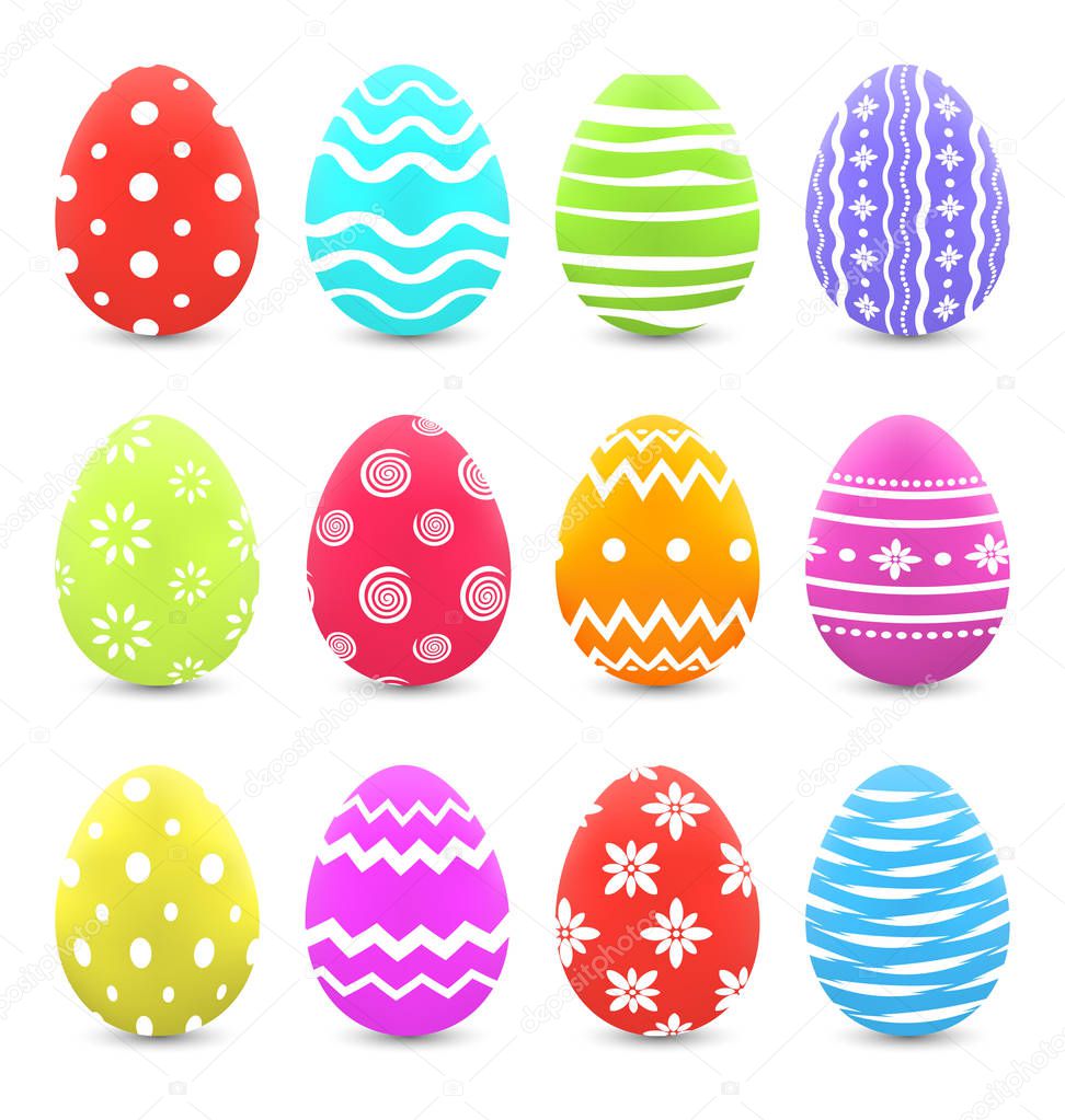 Easter set colorful ornate eggs with shadows isolated on white b