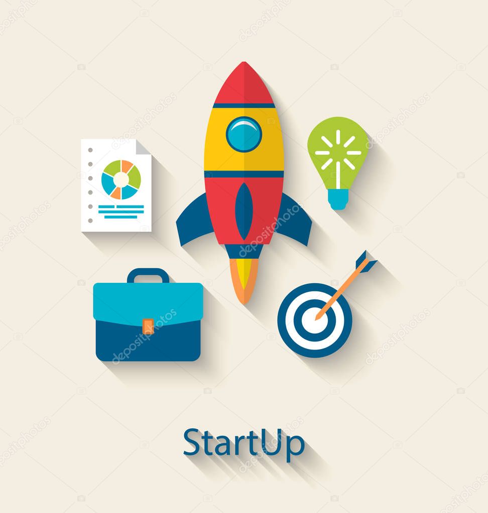 Illustration Concept of New Business Project Startup Development, Flat simple Colorful Icons with Long Shadows Style - raster