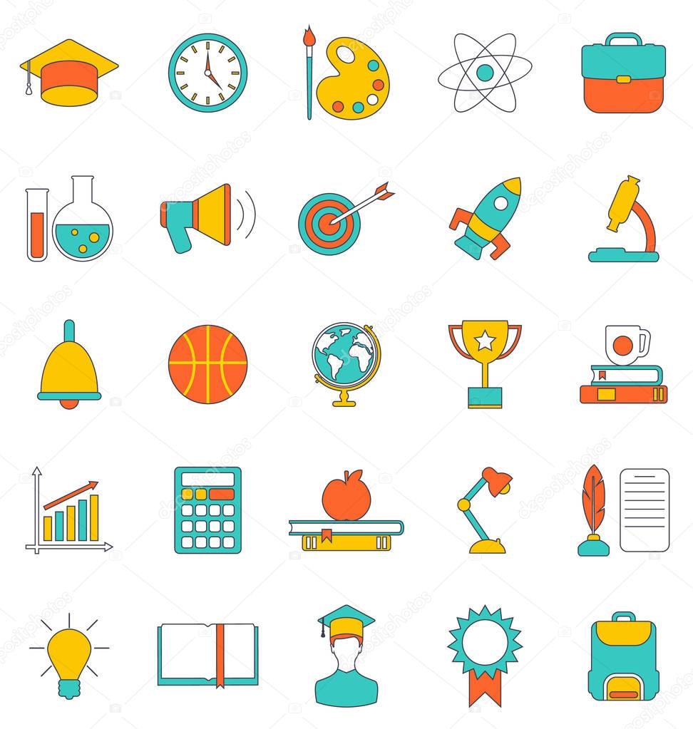 Set Flat Line Colorful Icons of School Equipment