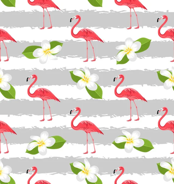 Varrat nélküli mintát Plumeria virágok és a Pink Flamingo madarak — Stock Vector