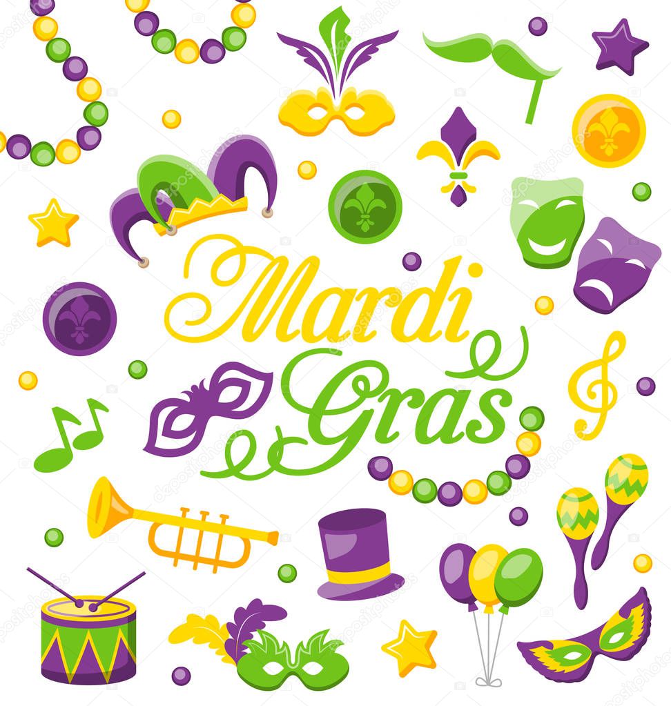 Celebration Background with Set Mardi Gras and Carnival Icons and Objects