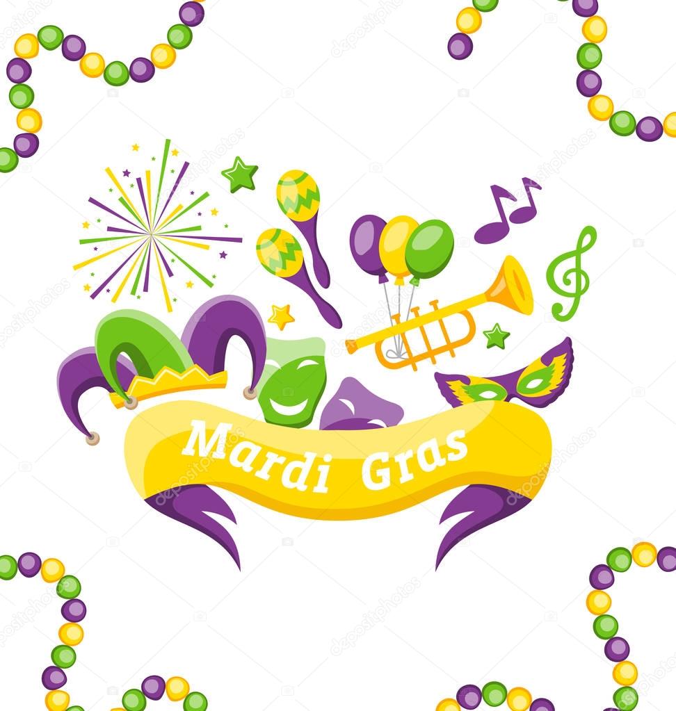 Celebration Banner with Set Carnival Icons and Objects for Mardi Gras, Fat Tuesday