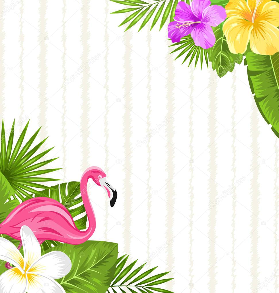 Beautiful seamless floral pattern background with pink flamingo, tropical flowers and plants