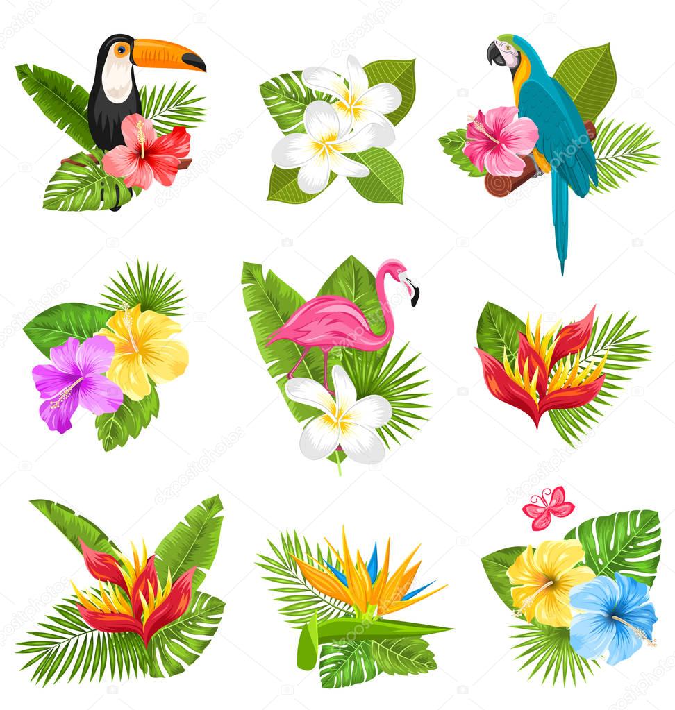 Set Composition with Tropical Flowers, Exotic Bird and Plants