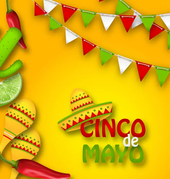 Holiday fest Banner för Cinco De Mayo med chilipeppar, Sombrero hatt, Maracas, bit av Lime, Cactus — Stock vektor