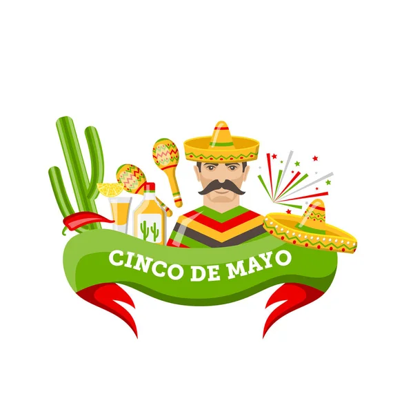 Cinco De Mayo Banner med mexikanska symboler och objekt — Stock vektor