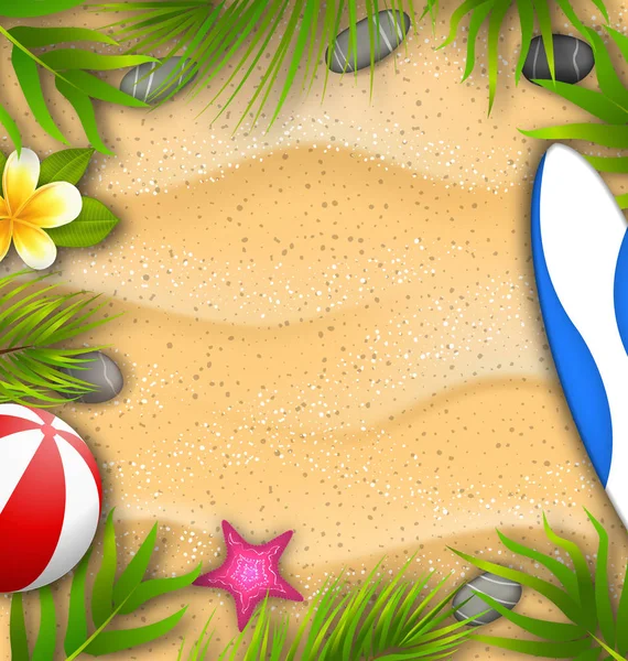 Güzel Poster ile palmiye yaprakları, plaj topu, Frangipani çiçek, denizyıldızı, sörf tahtası, kum doku — Stok Vektör