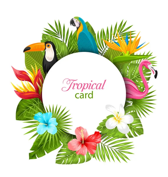 Nyári kártya, trópusi növények, hibiszkusz, Plumeria, Flamingo, papagáj, tukán — Stock Vector