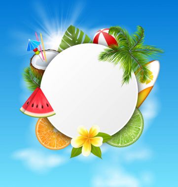 Hindistan cevizi kokteyl, dilim karpuz, portakal meyve, palmiye yaprakları ile temiz kartı