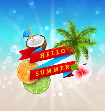 Yaz Festivali Afiş tasarımı ile Hindistan cevizi, kokteyl, palmiye ağacı yaprakları