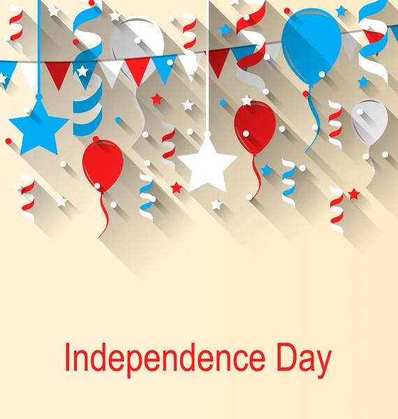 Gratulationskort för amerikanska självständighetsdagen, 4 juli, färgglada Bunting, ballonger och konfetti — Stock vektor