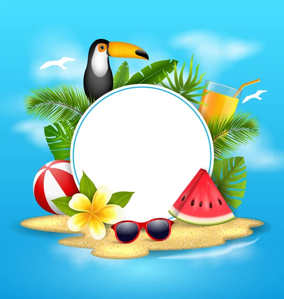 Літо плакат з Тукан птах, кавун, море, острів, пляж, помаранчевий коктейль, — стоковий вектор