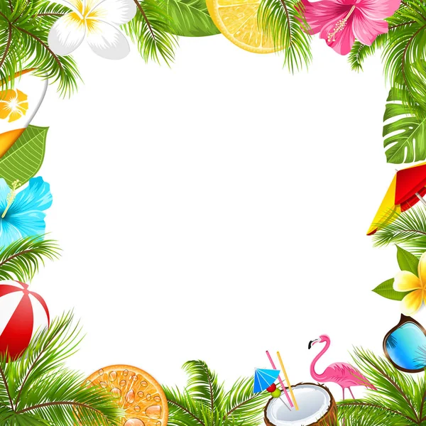 Affiche d'été pour s'amuser Beach Party, Hibiscus, Frangipani Flowers, Lunettes de soleil — Image vectorielle