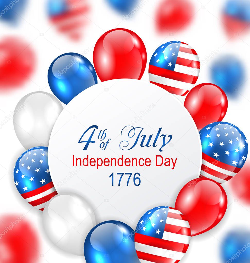 Celebration Card for Independence Day of USA with Balloons in American National Colors