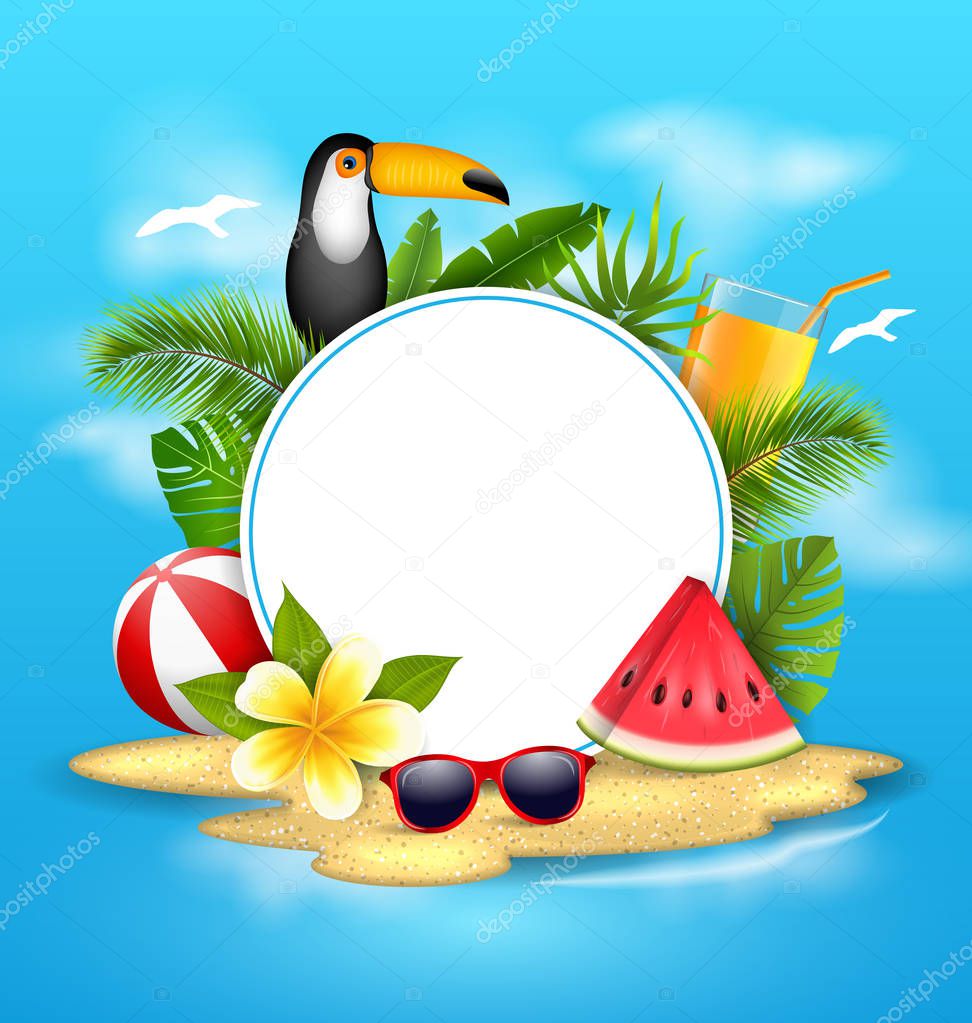 Summer Poster with Toucan Bird, Watermelon, Sea, Island, Beach, Orange Cocktail,