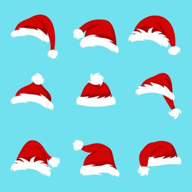 Set Santa şapkalar mavi arka plan üzerinde koleksiyon farklı Noel kapaklar izole