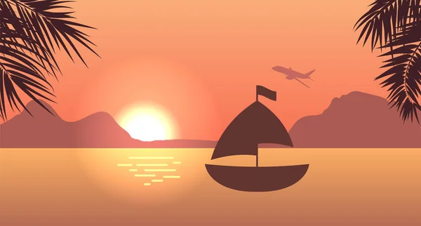 Alba o Tramonto, Mare, Montagna e Palme. Per stampare, creare video o grafica web — Vettoriale Stock