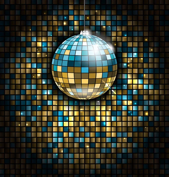 Bola de disco azul dorado con rayos de luz sobre fondo de brillo de mosaico — Vector de stock