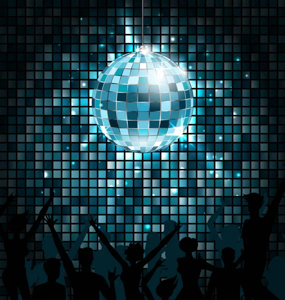 Disco bal met silhouetten van mensen dans. Partij gloeiende lichten achtergrond — Stockvector