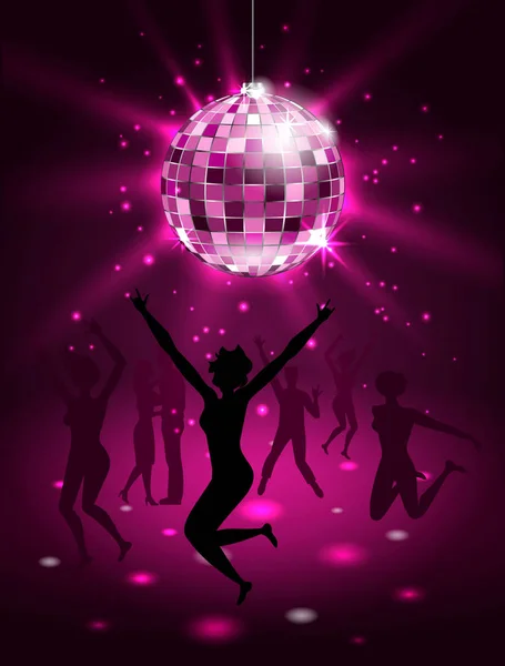 Silhouette People Dancing in Night-club, Disco Ball, Glitter Party Background — Stock Vector