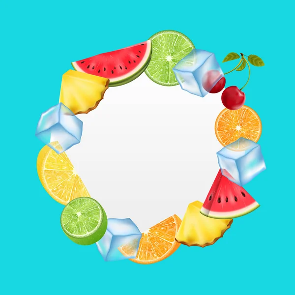 Ronde vruchten Frame met ijsblokjes, ananas, watermeloen, kersen, sinaasappel, — Stockvector