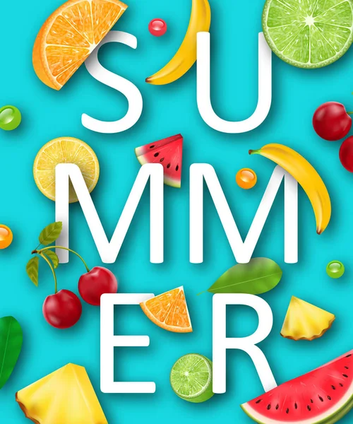 Banner de verão com abacaxi, melancia, banana, cereja, laranja, limão, limão —  Vetores de Stock
